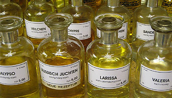 Abbildung von einzelnen Glasfläschen mit unterschiedlichen Inhaltsstoffen für die Parfumherstellung